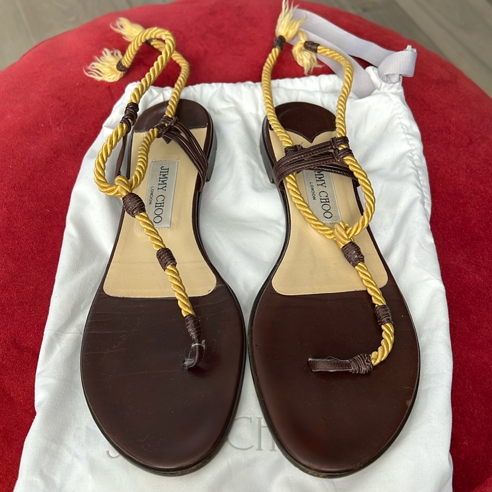 Jimmy Choo brown with yellow accent tie on sandals size 39.5